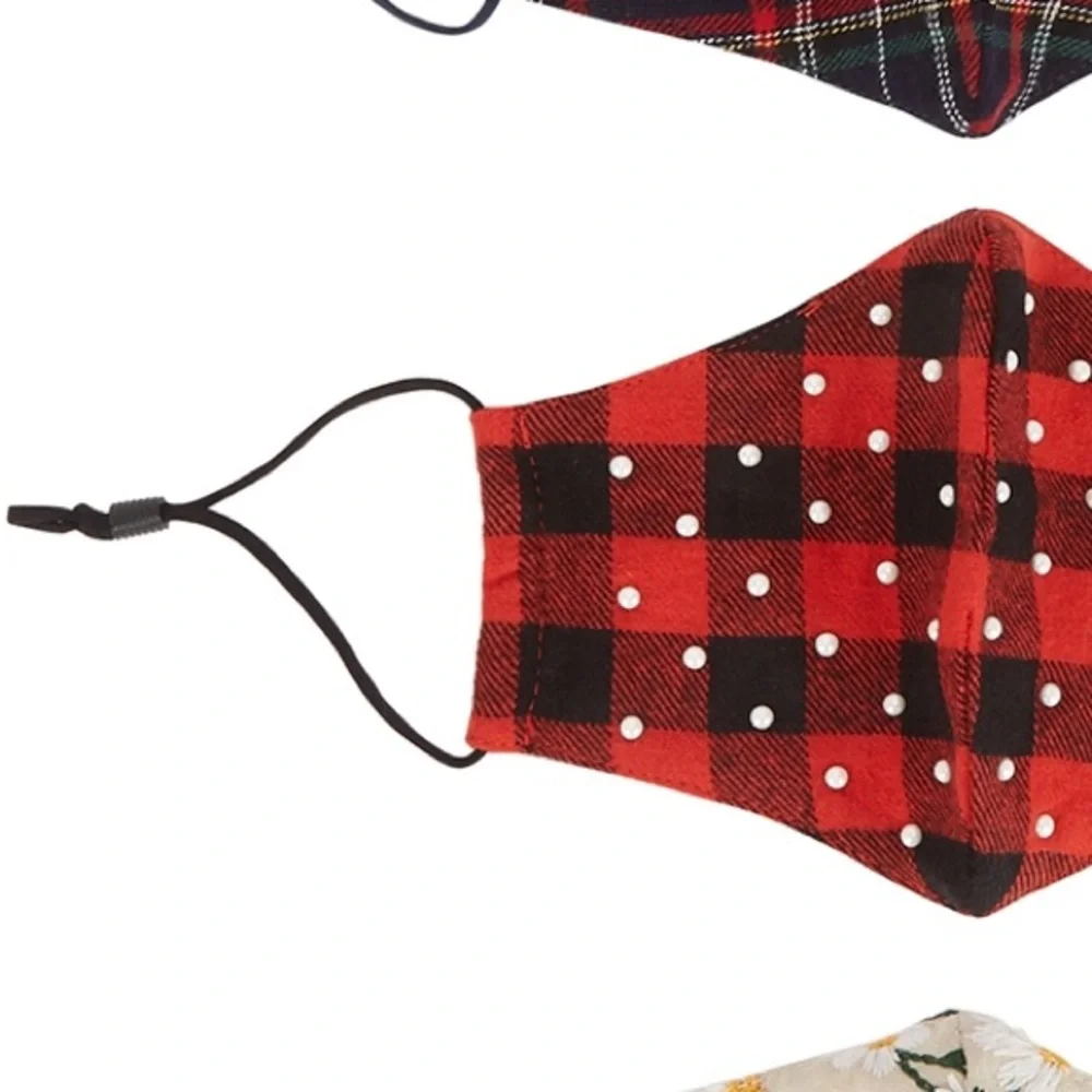 LELE SADOUGHI BUFFALO CHECK WITH PEARLS FACE MASK RED BLACK NWT